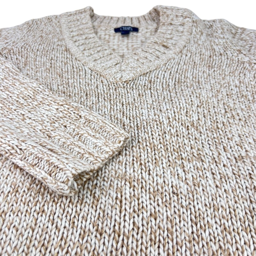 Chaps Womens XL V-Neck Sweater Tan White Metallic Knit Pullover Heritage Classic